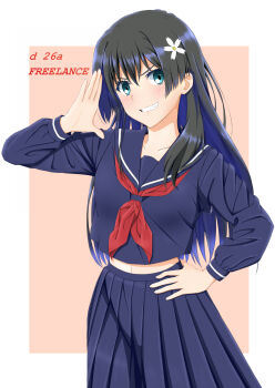 1girl black_hair blue_sailor_collar blue_serafuku blue_shirt blue_skirt cowboy_shot flower green_eyes grin hair_flower hair_ornament hand_on_own_hip highres ken'ichi_(silvian125jp) long_hair neckerchief pleated_skirt red_neckerchief sailor_collar sailor_shirt sakugawa_school_uniform saten_ruiko school_uniform serafuku shirt skirt smile solo toaru_kagaku_no_railgun toaru_majutsu_no_index winter_uniform