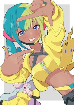 2girls aqua_hair bandeau black_mask black_pants blonde_hair blue_hair blue_pants blush bow-shaped_hair breasts canari_(pokemon) center-flap_bangs character_hair_ornament criss-cross_halter criss-cross_straps crop_top fangs gen_4_pokemon hair_ornament halterneck iono_(pokemon) jacket long_hair long_sleeves looking_at_viewer mask mask_pull mizuiro123 mouth_mask multicolored_hair multiple_girls nintendo open_mouth pants pink_hair pokemon pokemon_(creature) pokemon_legends:_z-a pokemon_sv rotom rotom_phone sharp_teeth short_twintails sleeves_past_fingers sleeves_past_wrists smile split-color_hair stomach teeth twintails two-tone_hair two-tone_mask very_long_sleeves yellow_bandeau yellow_jacket yellow_mask yellow_nails
