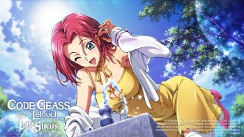 1girl ;d adjusting_hair bent_over blue_eyes blue_sky breasts cardigan choker cleavage clothes_down code_geass code_geass:_lost_stories commentary commentary_request copyright_name day dress english_commentary f4samurai highres kouzuki_kallen leg_up long_hair medium_breasts neck_ribbon official_art one_eye_closed open_cardigan open_clothes open_mouth outdoors pink_shoes red_hair ribbon shoes short_dress sky sleeveless sleeveless_dress smile solo straight_hair sun sundress thighhighs white_cardigan white_thighhighs yellow_choker yellow_dress yellow_ribbon zettai_ryouiki