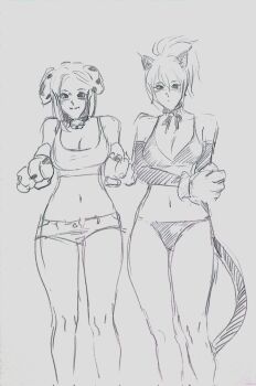 2girls animal_ears bikini breasts cat_ears cat_paws cat_tail costume dog_ears gloves highres leona_heidern long_hair looking_at_viewer medium_breasts multiple_girls short_hair shorts standing swimsuit tail tank_top the_king_of_fighters thighs whip_(kof) yanggogis2