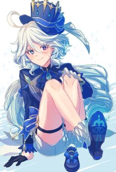 Rule 34 | 1girl, 24mbb, ahoge, blue eyes, blue hair, blue hat, blue jacket, commentary request, furina (genshin impact), genshin impact, gloves, hair between eyes, hat, heterochromia, highres, jacket, long hair, long sleeves, looking at viewer, multicolored hair, smile, solo, streaked hair, top hat, white hair