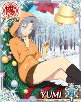 1girl black_socks blue_eyes border breasts brown_skirt card_(medium) character_name christmas christmas_ornaments christmas_tree crepe day food game_cg grey_hair holding holding_crepe holding_food hood hood_up hoodie in_tree large_breasts licking_own_finger looking_at_food medium_hair official_art orange_hoodie outdoors senran_kagura senran_kagura_new_wave sitting sitting_in_tree skirt snow snowing socks solo third-party_source tree yumi_(senran_kagura)