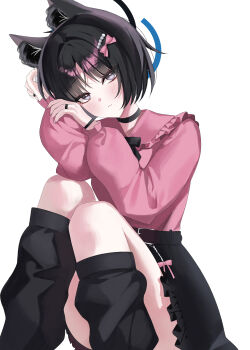 1girl absurdres alternate_costume animal_ear_fluff animal_ears black_choker black_skirt black_socks blue_archive blue_halo blush cat_ears cat_girl choker closed_mouth commentary_request grey_eyes halo highres jirai_kei kikyou_(blue_archive) kirat_kr kneehighs looking_at_viewer pink_shirt shirt short_hair skirt socks solo