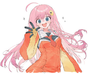 Rule 34 | 1girl, ahoge, black bodysuit, black gloves, blue eyes, blush, bodysuit, braid, breasts, cropped torso, cross-shaped pupils, gloves, hair ornament, hand up, ica (1111ica), long hair, looking at viewer, medium breasts, multicolored bodysuit, necktie, nono (top wo nerae 2!), pink hair, red bodysuit, red necktie, simple background, smile, solo, symbol-shaped pupils, top wo nerae! (series), top wo nerae 2!, waving, white background, yellow bodysuit