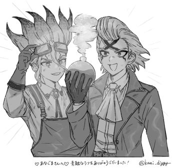 Rule 34 | 2boys, :d, ascot, collared shirt, commentary request, cropped torso, dr. stone, facial mark, gloves, goggles, goggles on head, greyscale, grin, hand up, highres, holding, ishigami senkuu, jacket, kani diggy, long sleeves, male focus, monochrome, multicolored hair, multiple boys, open clothes, open jacket, open mouth, overalls, shirt, short hair, simple background, smile, spiked hair, teeth, upper body, xeno (dr.stone)