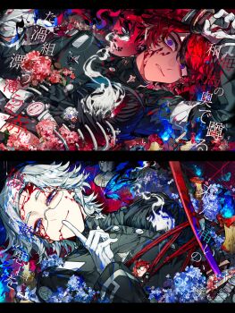 2boys absurdres aotsuki_eito apple apple_core armband belt belt_pouch black_hair black_jacket blood blood_on_face blue_eyes blue_fire blue_flower buttons chibi chinese_commentary closed_mouth commentary_request finger_to_mouth fire flower food fruit gakuran glasses gloves grey-framed_eyewear hair_between_eyes high_collar highres holding holding_sword holding_weapon hole_in_chest hole_on_body jacket last_defense_academy_school_uniform long_sleeves male_focus multicolored_hair multiple_boys pouch red_flower red_hair school_uniform semi-rimless_eyewear short_hair smile streaked_hair sumino_takumi sususan38758 sword teardrop the_hundred_line_-last_defense_academy- translation_request two-tone_hair weapon white_armband white_belt white_gloves