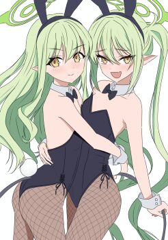 2girls :d absurdres alternate_costume animal_ears bare_shoulders black_bow black_bowtie black_leotard blue_archive blush bow bowtie breasts commentary_request demon_tail detached_collar fake_animal_ears fake_tail fang fishnet_pantyhose fishnets grabbing_own_tail green_hair green_halo halo highres hikari_(blue_archive) holding_another&#039;s_waist kumasaaaan11 leotard looking_at_viewer multiple_girls nozomi_(blue_archive) open_mouth pantyhose playboy_bunny pointy_ears rabbit_ears rabbit_tail siblings skin_fang small_breasts smile straight_hair tail twins twintails v-shaped_eyebrows wrist_cuffs yellow_eyes