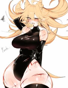 animal_ears bare_shoulders black_gloves black_leotard black_thighhighs blonde_hair blood breasts cuts ear_piercing elbow_gloves fleetway_super_sonic genderswap genderswap_(mtf) gloves hurt injury large_breasts leotard long_hair looking_at_viewer one_eye_closed piercing sonic_(series) sonic_the_comic spiked_hair super_sonic tearing_up thick_thighs thighhighs thighs usa37107692 wide_hips yellow_eyes