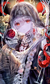 1girl absurdres alcohol black_dress black_veil bracelet bracer braid breasts closed_mouth commentary crescent cup dress drinking_glass earrings english_commentary expressionless flower hand_up highres jewelry long_braid long_hair looking_at_viewer medium_breasts plunging_neckline red_eyes red_flower red_rose reverse:1999 rose semmelweis_(reverse:1999) semmelweis_(the_wax_and_wane_of_the_heart)_(reverse:1999) single_braid single_sidelock skeleton solo suzushina upper_body veil watermark white_flower white_hair white_rose wine wine_glass