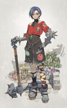 1girl armored_boots blue_hair boots commentary dress earrings english_commentary graffiti grey_hair hand_on_own_hip highres holding holding_weapon jewelry multicolored_hair original simple_background solo timbougami torn_clothes weapon