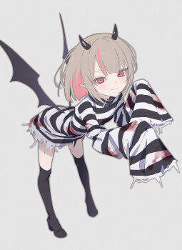 1girl alternate_costume belt_collar black_boots black_collar black_horns black_wings blood blood_stain blunt_bangs bob_cut boots breasts closed_mouth collar colored_inner_hair commentary demon_horns demon_wings grey_background grey_hair hashtag-only_commentary high_heel_boots high_heels highres horns ichi_san_neruzo leaning_forward long_sleeves looking_at_viewer low_wings makaino_ririmu medium_hair multicolored_hair nijisanji pink_hair pink_streaks pointy_ears red_eyes shirt simple_background sleeves_past_fingers sleeves_past_wrists small_breasts smile solo stained_clothes standing streaked_hair striped_clothes striped_shirt thigh_boots torn_clothes torn_shirt two-tone_hair virtual_youtuber wings
