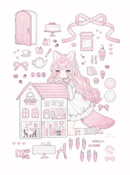 1girl absurdres animal_ears blush bow bowtie cake cake_slice carrot closed_mouth commentary cup cupcake doll_house door dress food fork fox_ears fox_girl fox_tail fruit full_body hair_bow highres ice_cream kneeling knife long_hair long_sleeves original pink_bow pink_bowtie pink_eyes pink_hair sailor_collar sailor_dress saucer simple_background solo strawberry symbol-only_commentary tail teacup teapot tokareta_tamago white_background white_bow white_dress