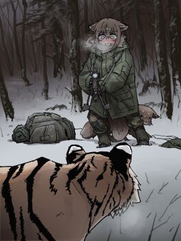 1girl absurdres animal animal_ears bag boots breath brown_hair camouflage camouflage_pants coat forest fox fox_ears fox_girl fox_girl_(yihan_world) fox_tail fur-trimmed_coat fur_trim green_coat gun highres holding holding_gun holding_weapon hood hooded_coat nature nervous_sweating original pants rifle scared scope sniper_rifle snow standing sweat tail tiger tree weapon wide-eyed yihan_world