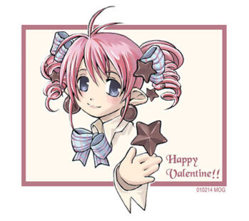 1girl antenna_hair archived_source artist_name blue_bow blue_eyes blush border bow chocolate chocolate_hair_ornament closed_mouth collared_shirt commentary_request dot_nose earrings food-themed_hair_ornament hair_between_eyes hair_bow hair_ornament half_updo happy_valentine jang_sun-yeong jewelry korean_commentary looking_at_viewer lowres original pink_border pink_hair plaid_bow ringlets shirt sidelocks sleeve_cuffs smile solo split_mouth star-shaped_chocolate star_ornament upper_body valentine white_shirt wing_collar