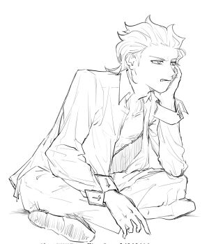 1boy angry annoyed bored collared_shirt commentary_request cross cross_print crossed_legs fingernails hair_slicked_back haman_0110 hand_on_own_face highres korean_commentary lineart male_focus michael_roa_valdamjong monochrome on_floor open_clothes open_shirt pants sharp_fingernails shirt shoes sitting tsukihime tsukihime_(remake)