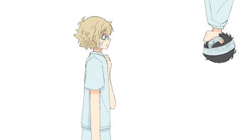 Rule 34 | 2boys, :|, antenna hair, arm at side, bandage over one eye, bandaged head, bandages, bandaid, bandaid on cheek, bandaid on face, bandaid on nose, bare arms, basil (faraway) (omori), basil (hospital gown) (omori), basil (omori), black hair, blonde hair, blue eyes, blue pants, blue shirt, closed mouth, cowboy shot, expressionless, face-to-face, facing another, falling, flipped hair, from side, hair behind ear, hair between eyes, hand on own chest, hashtag-only commentary, looking at another, male focus, multiple boys, official alternate costume, omori, one eye covered, pants, profile, shirt, short hair, short sleeves, sidelocks, simple background, spoilers, standing, sunny (hospital gown) (omori), sunny (omori), tareme, upper body, upside-down, very short hair, white background, wide-eyed, yuuabara