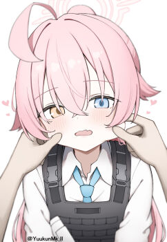 Rule 34 | 1girl, ahoge, blue archive, blue eyes, blue necktie, blush, bulletproof vest, cheek pinching, fang, hair between eyes, heart, heterochromia, highres, hoshino (armed) (blue archive), hoshino (blue archive), long hair, looking at viewer, mutual cheek pinching, necktie, official alternate costume, official alternate hairstyle, open mouth, pinching, pink hair, ponytail, pov, shirt, sidelocks, skin fang, white shirt, yellow eyes, yuukun mk-ii