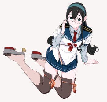1girl black_hair blue_hair blue_sailor_collar blue_skirt boots brown_thighhighs closed_mouth clothing_cutout collared_shirt glasses hair_between_eyes hairband hip_vent kantai_collection long_hair long_sleeves looking_at_viewer miniskirt necktie ojipon ooyodo_(kancolle) pleated_skirt red_necktie rudder_footwear sailor_collar school_uniform shirt simple_background sitting skirt solo tassel thighhighs