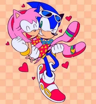 amy_rose beach bra carrying carrying_person cory_hedgehog feet flower_collar gloves grin hairband having_fun hawaiian_shirt highres medium_hair one_eye_closed petite pink_fur pink_hair sandals sega shirt shoes smile socks sonamy sonic_(series) sonic_the_hedgehog sunglasses swimsuit swimsuit_skirt underwear walking wink
