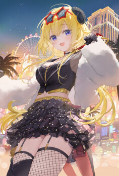 1girl animal_ears black_boots black_choker black_garter_straps black_gloves blonde_hair boots breasts choker cleavage coat commentary_request eyewear_on_head fishnet_thighhighs fishnets floating_hair fuumi_(radial_engine) garter_straps gloves highres hololive horns long_hair looking_at_viewer midriff navel official_artist_extra open_mouth outdoors purple_eyes sheep_ears sheep_girl sheep_horns single_boot skirt sky smile solo standing star-shaped_eyewear star_(symbol) thigh_boots thighhighs tsunomaki_watame virtual_youtuber what_an_amazing_swing winter_clothes winter_coat