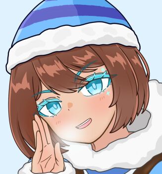 Rule 34 | 1girl, :d, blue background, blue eyes, blue hat, blue jacket, blush, breath, bright pupils, brown hair, colored eyelashes, commentary, cyromancer (tower defense simulator), dodoman0414, double-parted bangs, english commentary, finger to cheek, fur-trimmed headwear, fur-trimmed jacket, fur-trimmed sleeves, fur trim, hair between eyes, hand up, hat, head tilt, highres, jacket, long sleeves, looking at viewer, open mouth, portrait, roblox, short hair, simple background, smile, solo, sparkle, sparkle facial mark, star (symbol), striped hat, teeth, tongue, tower defense simulator, tsurime, v-shaped eyebrows, waving