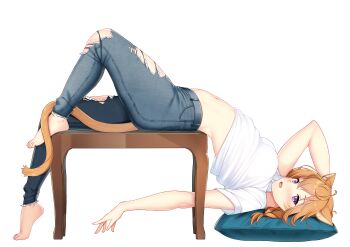 1girl absurdres alternate_costume animal_ears barefoot belly blush braid breasts cat_ears cat_girl commission commissioner_upload denim facepaint facial_mark fang fire_emblem fire_emblem:_path_of_radiance fire_emblem:_radiant_dawn highres jeans large_variant_set looking_at_viewer lying lyre_(fire_emblem) medium_breasts messy_hair nabunabu navel nintendo open_mouth orange_hair orange_tail pants pillow purple_eyes shirt solo stomach t-shirt thick_thighs thighs torn_clothes torn_jeans torn_pants variant_set whisker_markings white_background white_shirt