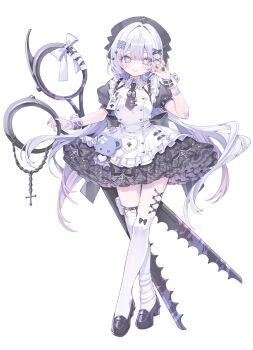 1girl bandaid bandaid_on_arm bandaid_on_hand black_hat black_nails black_necktie black_shoes blue_eyes breasts commentary_request cross full_body grey_hair hair_ornament hat heart heart-shaped_pupils heart_hair_ornament high_heels highres holding holding_scissors konpe_itou long_hair looking_at_viewer necktie original oversized_object scissors shoes simple_background smile solo stuffed_animal stuffed_toy symbol-shaped_pupils white_background white_wrist_cuffs wrist_cuffs