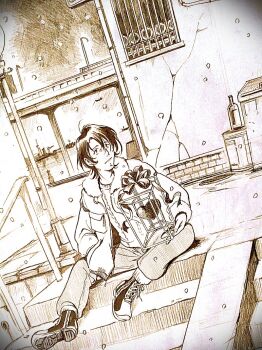 1boy ahoge ankle_boots boots bottle carrying carrying_person catherine_(space_dandy) city commentary_request couple crack cracked_wall dandy_(space_dandy) dutch_angle full_body fur-trimmed_jacket fur_trim hand_in_pocket hatching_(texture) heart ikagawah jacket lace-up_boots lamppost long_sleeves medium_hair monochrome open_clothes open_jacket outdoors pants ribbon sitting sitting_on_stairs size_difference snowing space_dandy stairs sweater tesseract traditional_media