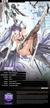 1girl absurdly_long_hair ashiri_(echocalypse) ass between_breasts between_thighs boots breasts cleavage commentary echocalypse elbow_gloves english_commentary full_body gloves gun hair_between_eyes high_heels highres large_breasts legs long_hair looking_at_viewer official_art pasties pole purple_eyes purple_hair solo solo_focus thigh_boots thighhighs thighs twintails very_long_hair weapon