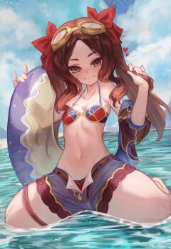 1girl beach bikini bikini_top_only blue_eyes blue_shorts blush breasts brown_hair collarbone fate/grand_order fate_(series) forehead goggles hair_ribbon jewelry leonardo_da_vinci_(fate) leonardo_da_vinci_(fate/grand_order) leonardo_da_vinci_(rider)_(fate) leonardo_da_vinci_(swimsuit_ruler)_(fate) loli long_hair looking_at_viewer m0_chi navel necklace parted_bangs red_bikini red_ribbon ribbon shore short_shorts shorts shrug_(clothing) sidelocks small_breasts smile solo swimsuit thighs twintails