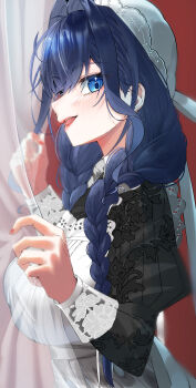 1girl :d absurdres apron black_dress blue_eyes blue_hair braid breasts commentary curtain_grab curtains dress embroidery english_commentary frilled_apron frilled_hat frills from_side hair_intakes hair_over_shoulder hat highres holding hololive hololive_english juliet_sleeves kizawayoh large_breasts long_hair long_sleeves looking_at_viewer low_twin_braids maid maid_apron mob_cap official_alternate_costume official_alternate_hairstyle open_mouth ouro_kronii ouro_kronii_(maid) puffy_sleeves puritan_collar sleeve_cuffs smile solo teeth twin_braids upper_body upper_teeth_only victorian_maid virtual_youtuber white_apron white_hat