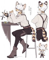 Rule 34 | 1boy, animal ear fluff, animal ears, ankle boots, belt, between fingers, black gloves, black nails, black pants, blue eyes, body fur, boots, brown footwear, c:, cat boy, cat ears, cat tail, chibi, chibi inset, chinese commentary, clothing cutout, coin, collared shirt, commentary request, cropped legs, cup, dagger, dated, drinking glass, elbow rest, facing away, fingerless gloves, fish7163, from side, full body, furry, furry male, gloves, highres, holding, holding cup, knife, long sleeves, looking at viewer, lynx, male focus, money, multiple views, original, pants, pawpads, sheath, sheathed, shirt, shirt tucked in, short hair, signature, simple background, single fingerless glove, single glove, sitting, slit pupils, smile, sparkle, spots, standing, stool, suspenders, tail, tail through clothes, thigh strap, weapon, white background, white hair, white shirt, yellow fur