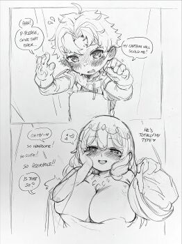 1boy 1girl absurdres age_difference armor bare_shoulders blush breasts cleavage clothes_theft ear_blush earrings english_text flustered flying_sweatdrops full_body gauntlets greyscale hand_on_own_face hands_up heart heart_in_eye height_difference helm helmet highres holding holding_unworn_helmet huge_breasts jewelry long_hair looking_at_another monochrome necklace nose_blush onee-shota original pauldrons queen renocoffee short_hair shoulder_armor smile sweatdrop symbol_in_eye teasing theft unworn_helmet