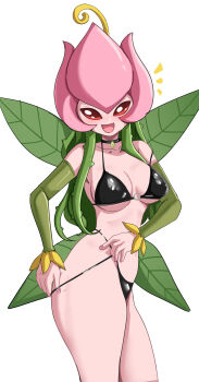 Rule 34 | 1girl, bikini, black bikini, choker, detached sleeves, digimon, digimon (creature), digimon adventure, female focus, happy, highres, leaf wings, lilimon, open mouth, pabsmikan, simple background, standing, swimsuit, white background, wings