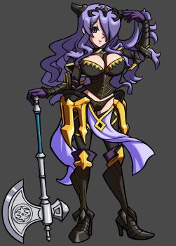1girl absurdres armor black_armor breasts camilla_(fire_emblem) cleavage commission fire_emblem fire_emblem_fates hair_over_one_eye highres large_breasts long_hair looking_at_viewer niboonskull nintendo official_style purple_eyes purple_hair skullgirls smile solo tiara wavy_hair