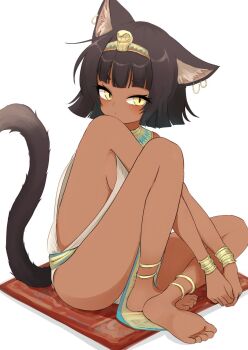1girl ancient_egyptian ancient_egyptian_clothes animal_ears bastet_(mythology) batta_(kanzume_quality) black_hair carpet cat_ears cat_girl cat_tail dark-skinned_female dark_skin egyptian_mythology hair_ornament highres jewelry looking_at_viewer original piercing sitting solo tail usekh_collar yellow_eyes