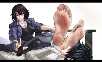 Rule 34 | 1boy, 1girl, barefoot, black hair, feet, highres, medium hair, multicolored hair, mummification (bound), original, parted lips, purple eyes, see-through clothes, see-through legwear, single sock, smell, smelling, sock on penis, socks, soles, steam, streaked hair, toes, unworn socks, viking.nash