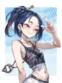 1girl blue_hair border closed_mouth collarbone commentary_request crop_top earrings fish_hook_earrings highres humanization jajanome jewelry nail_polish navel nintendo outside_border ponytail red_eyes red_nails salute scar scar_on_face scar_on_forehead shiver_(splatoon) shiver_(splatoon_raiders) single_earring smile solo splatoon_(series) splatoon_raiders standing two-finger_salute white_border