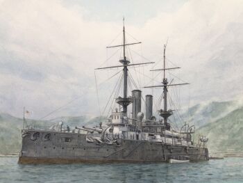 Rule 34 | atelier bono, battleship, cannon, commentary request, fuji (battleship), highres, imperial japanese navy, japanese flag, mast, military vehicle, no humans, ocean, original, overcast, painting (medium), port, revision, ship, ship turret, sky, smokestack, traditional media, vehicle focus, warship, watercolor (medium), watercraft