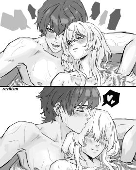 1boy 1girl artist_name blush closed_eyes closed_mouth collarbone commentary english_commentary greyscale happy heart highres kissing_head long_hair looking_at_another male_rover_(wuthering_waves) mixed-sex_bathing monochrome open_mouth parted_lips partially_submerged rezilism rover_(wuthering_waves) shared_bathing shorekeeper_(wuthering_waves) smile spoken_heart wet wuthering_waves