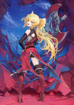 Rule 34 | 1girl, :d, absurdres, aqua hair, armillarphere v, armor, armored boots, artist name, axe, back cutout, battle axe, belt, black belt, black dress, black gloves, black shorts, black thighhighs, blonde hair, blue sky, boots, bow-shaped hair, breastplate, cave, clothing cutout, cloud, day, double-sided axe, dress, elbow gloves, floating hair, from behind, glint, gloves, green eyes, hair between eyes, hair ornament, hand on own hip, hashtag-only commentary, high heel boots, high heels, highres, holding, holding axe, holding weapon, long hair, looking at viewer, looking back, multicolored hair, nijisanji, open mouth, red boots, red dress, short shorts, shorts, side ponytail, sidelocks, sky, sleeveless, sleeveless dress, smile, solo, standing, streaked hair, tachitsute toto, tachitsute toto (1st costume), teeth, thighhighs, twitter username, v-shaped eyebrows, very long hair, virtual youtuber, weapon