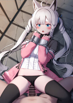 1girl ahoge animal_ear_fluff animal_ears bar_censor bars bdsm belt black_panties black_skirt black_thighhighs blue_eyes blue_ribbon blunt_bangs blush bondage bound bound_wrists braid censored chain chained_cuffs chained_wrists clothing_aside cuffed cuffs extra_ears female_prisoner floor fox_ears fox_girl green_eyes grey_hair hair_between_eyes hair_ribbon highres hololive long_hair lying missionary nyan_(reinyan_007) on_back on_floor open_mouth panties panties_aside penis pov prison prisoner pussy ribbon sex shackles shadow shirakami_fubuki shirt sidelocks single_braid skirt slavechained solo_focus spread_legs teeth testicles thighhighs twintails underwear vaginal virtual_youtuber white_burinyan white_hair white_shirt wrist_cuffs wrists_cuffed_together