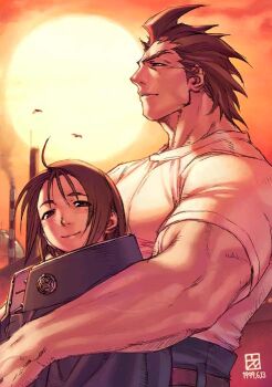 Rule 34 | 1boy, 1girl, ahoge, borrowed clothes, brother and sister, capcom, dated, edaki shin'ya, family bonding, jacket, justice gakuen, kazama akira, kazama daigo, official art, orange sky, outdoors, siblings, sky, smoke, street fighter, sunset