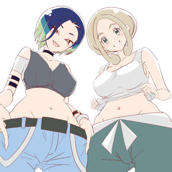 2girls armband bare_shoulders black_armband black_choker blonde_hair blue_hair bob_cut breasts brown_eyes capri_pants choker collarbone commentary_request crop_top denim from_below gradient_hair green_eyes green_pants grey_shirt grin half-closed_eyes highres hitofudegaki_usagi jeans large_breasts loose_hair_strand medium_breasts midriff multicolored_hair multiple_girls navel nintendo off-shoulder_shirt off_shoulder open_mouth pants perrin_(pokemon) pokemon pokemon_sv pokemon_xy ribbed_shirt shirt short_hair sleeveless sleeveless_shirt smile trait_connection undershirt v-neck viola_(pokemon) watch white_shirt wristband wristwatch