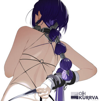 Rule 34 | 1girl, absurdres, adjusting clothes, back, backless outfit, commentary, english commentary, facing away, highres, jewelry, long hair, low ponytail, o-ring, ohkurrva, panties, panty pull, ponytail, promeia (zenless zone zero), pulling own clothes, purple hair, screw, simple background, thong, underwear, very long hair, white background, zenless zone zero