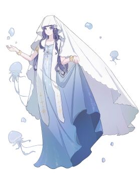 Rule 34 | 1girl, absurdres, armlet, bangle, bare shoulders, blue dress, bracelet, bubble, chinese commentary, closed mouth, commentary request, dress, expressionless, eyelashes, four-pointed star, full body, gold armlet, gold bracelet, green eyes, hexagram, highres, infinity nikki, jellyfish, jewelry, lengcui hongdouni, long dress, long hair, long sidelocks, looking ahead, moonlight oath (infinity nikki), nikki (series), outstretched hand, pleated dress, purple hair, sidelocks, simple background, skirt hold, solo, standing, star (symbol), star print, stole, veil, very long hair, wavy hair, white background, white veil