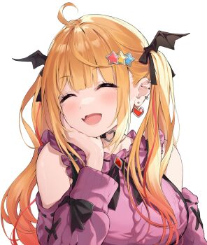 1girl :d absurdres ahoge aran_sweater bare_shoulders black_choker black_ribbon blonde_hair blunt_bangs blush breasts brooch cable_knit choker closed_eyes clothing_cutout commentary_request double-parted_bangs ear_piercing earrings facing_viewer fang frilled_sweater gradient_hair hair_ornament hairclip hand_on_own_cheek hand_on_own_face head_rest head_wings heart heart_earrings heart_o-ring highres hololive jewelry jirai_kei large_breasts long_hair long_sleeves looking_at_viewer multicolored_hair multiple_piercings neck_ribbon o-ring o-ring_choker official_alternate_costume official_alternate_hair_length official_alternate_hairstyle open_mouth piercing pink_sweater red_streaks rena_sakuma ribbon shoulder_cutout sidelocks simple_background skin_fang smile solo star_(symbol) star_hair_ornament streaked_hair stud_piercings suspenders sweater twintails upper_body virtual_youtuber wavy_hair white_background wings yozora_mel yozora_mel_(jirai_kei)