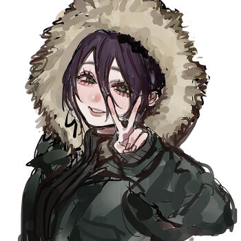 Rule 34 | 1girl, aegyo sal, black sweater, chainsaw man, coat, commentary, english commentary, fingernails, fur-trimmed coat, fur trim, green coat, green eyes, hair between eyes, hand up, highres, hood, hood up, hooded coat, leigh 113n, light blush, lips, looking at viewer, portrait, purple hair, reze (chainsaw man), simple background, smile, solo, sweater, turtleneck, turtleneck sweater, v, white background