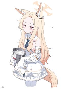 ... 1girl absurdres animal_ear_fluff animal_ears blonde_hair blue_archive blush bucket closed_mouth cross_halo cum cum_bucket cum_in_container detached_sleeves dress forehead fox_ears fox_girl fox_tail halo highres holding holding_bucket kiroshi long_hair long_sleeves looking_at_viewer pantyhose seia_(blue_archive) sidelocks simple_background sleeves_past_fingers sleeves_past_wrists solo striped_clothes striped_pantyhose tail vertical-striped_clothes vertical-striped_pantyhose white_background white_dress white_pantyhose white_sleeves yellow_eyes yellow_halo