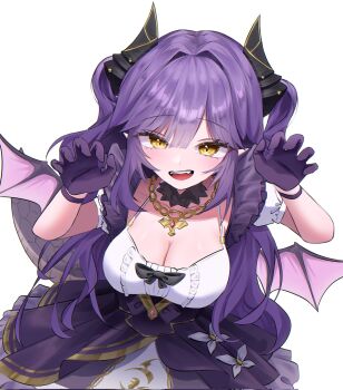 1girl black_bow black_horns bow breasts claw_pose cleavage commentary_request corrupted_twitter_file cowboy_shot detached_sleeves dragon_girl dragon_horns dragon_wings fang from_above gloves gyerangppan hands_up highres horns jewelry korean_commentary large_breasts long_hair looking_at_viewer looking_up necklace open_mouth parted_bangs purple_gloves purple_hair purple_skirt sakihane_huya shirt shirt_bow short_sleeves simple_background skirt slit_pupils smile solo stellive strapless strapless_shirt two_side_up virtual_youtuber white_background white_shirt wings yellow_eyes